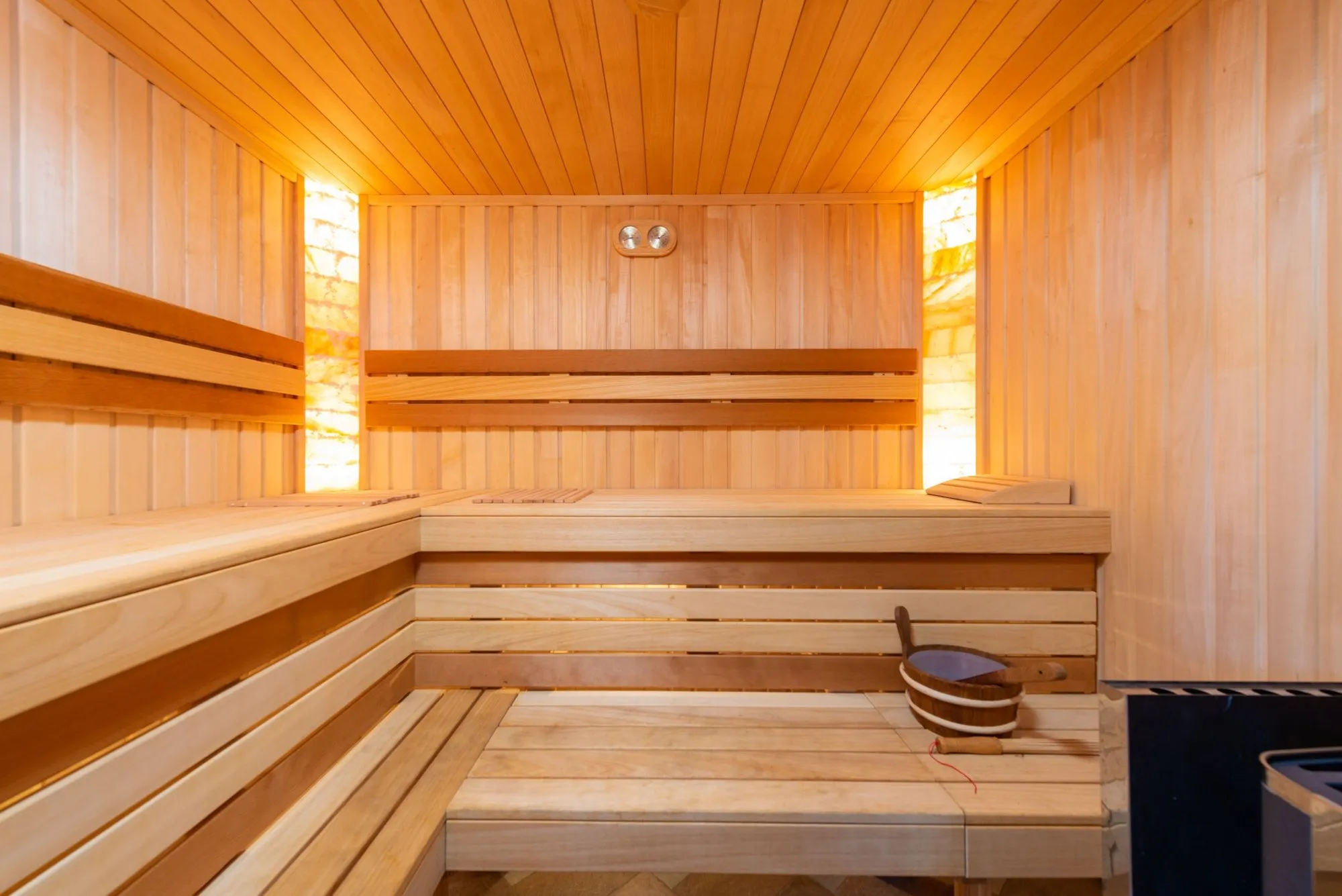 The cedar steam room with slatted benches