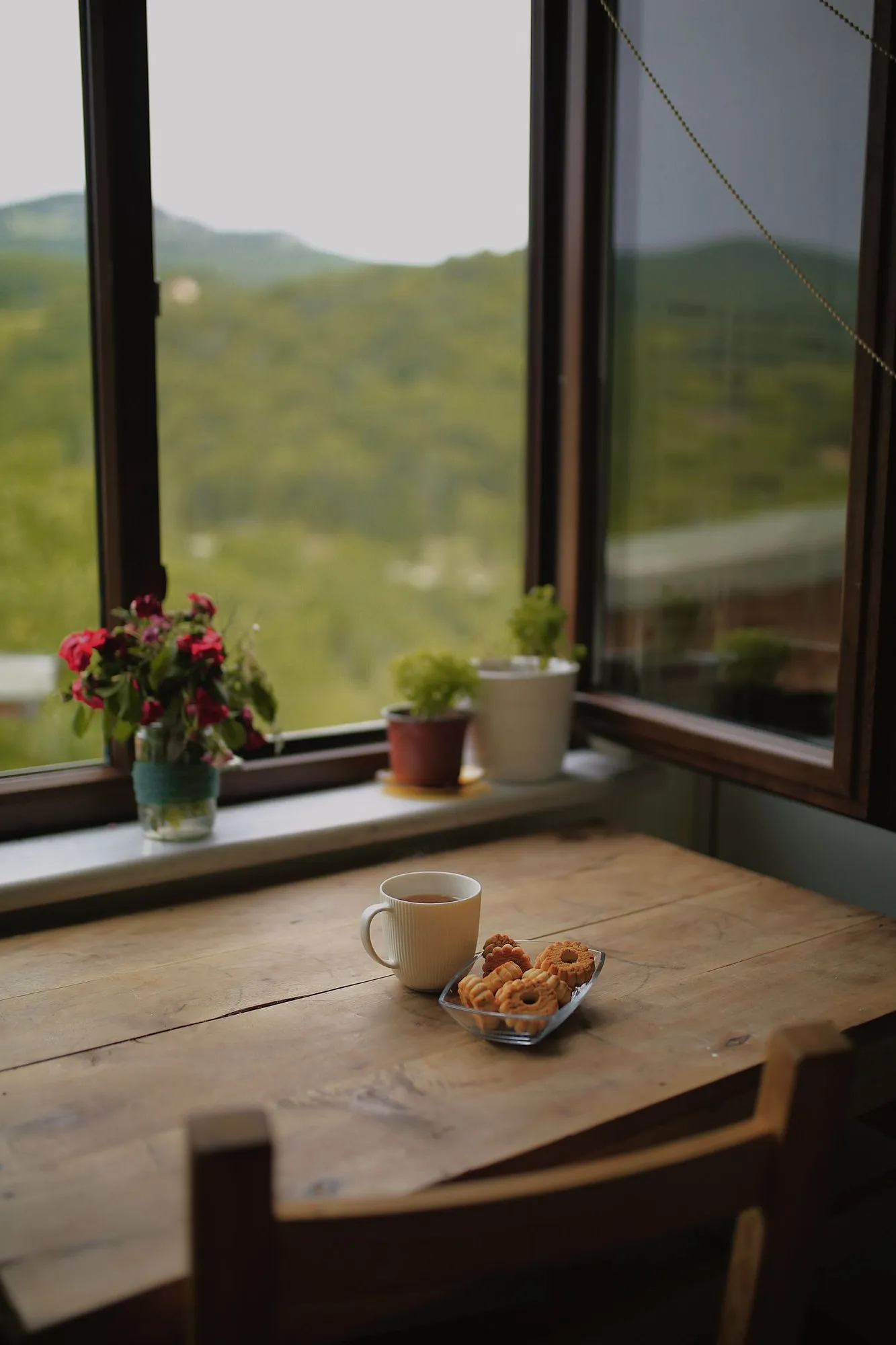 Coffee and biscuits on a table by an open window