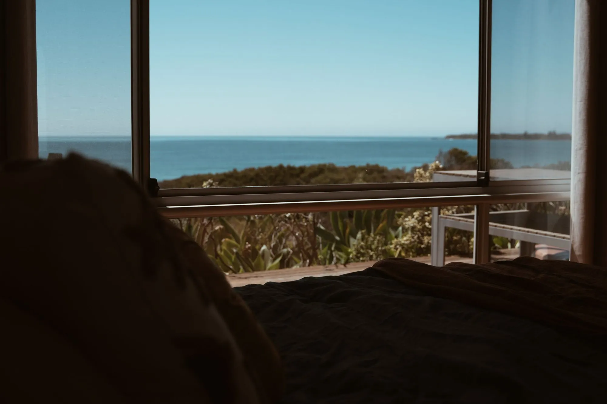 The window of the Headland Room looking over gorse and the calm sea